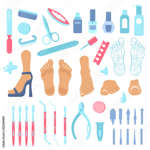 Set on the topic "Medical pedicure and Orthopedics". Vector isolated on a white background.
