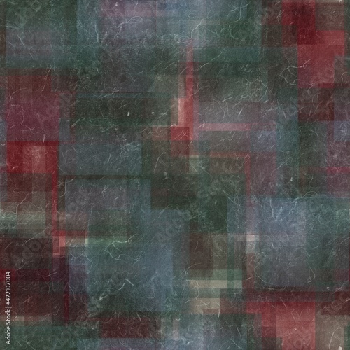 Seamless overlaid geometric shape pattern print. High quality illustration. Transparent rectangles filled with gradient colors scattered. Handmade paper texture overlay.