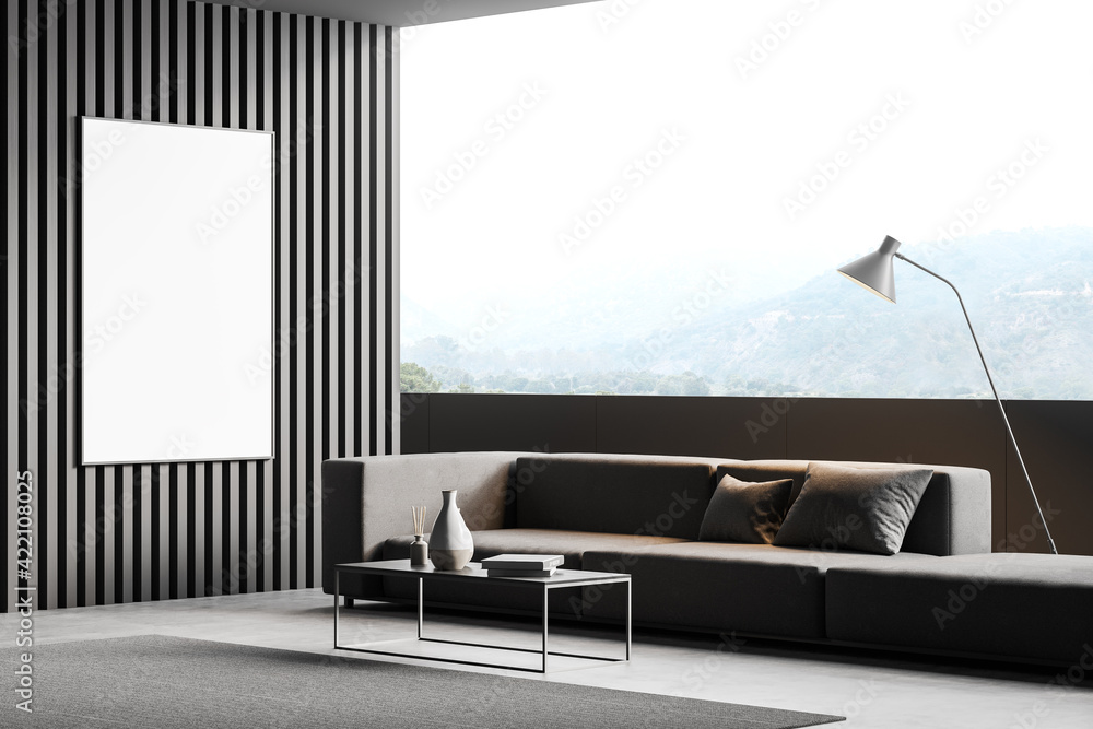 Fototapeta premium Modern living room interior with grey couch and white poster