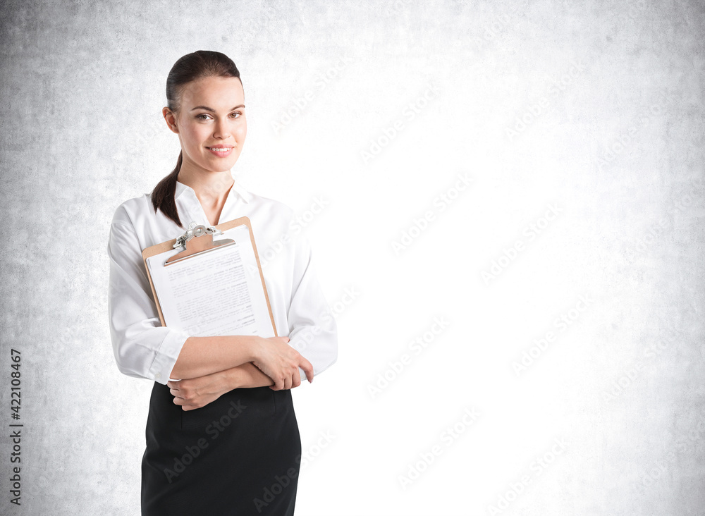 Mockup empty wall and businesswoman with clipboard on grey background Mockup empty wall and businesswoman with clipboard on grey background