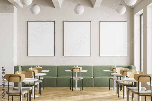 Cafeteria, dining room in university, cafe with tables and chairs, counter bar hotel. Canteen interior in school, college or office. Mock up posters copy space. photo