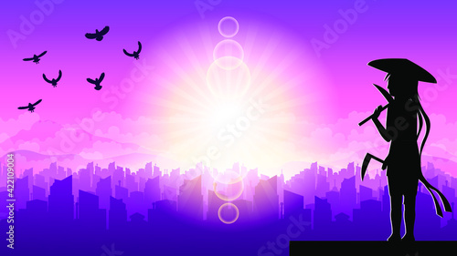 Dark Background Ninja Sun City Person Silhouette Bird Clouds Sky People Vector Design Style