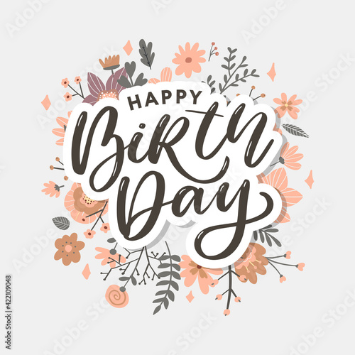 Canvas Print Beautiful happy birthday greeting card with flowers and bird