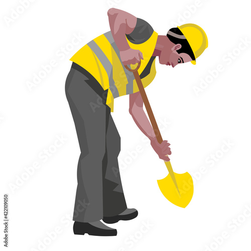 Vector isolated figure of a Afro-american worker in work clothes digging a hole with a shovel, profile view