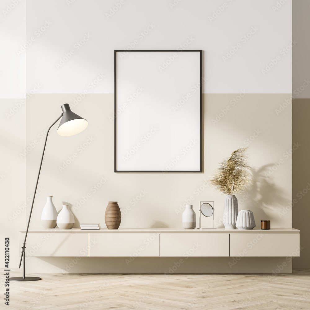 Fototapeta Bright scandinavian living room interior with a beige sideboard
