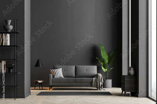 Dark living room interior with black empty wall photo