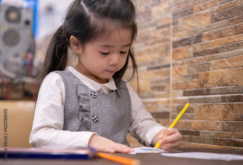 Back to school. Happy smiling pupil drawing at the desk. Cute little preschooler child drawing at home. Kid girl drawing with pencils Back to school. Happy smiling pupil drawing at the desk. Cute little preschooler child drawing at home. Kid girl drawing with pencils