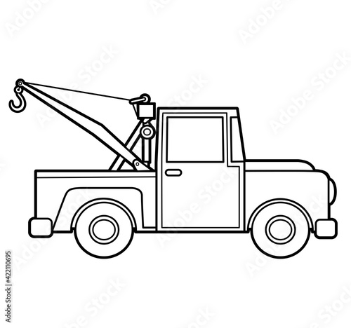 Cartoon retro small tow truck outlined for coloring on a white background