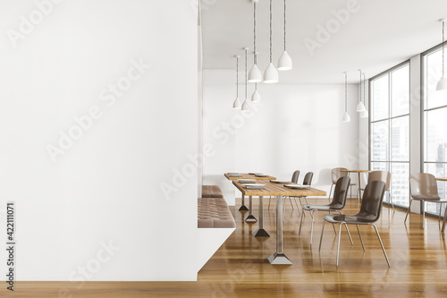 Mockup copy space in wooden cafe interior with table and chairs  open space restaurant