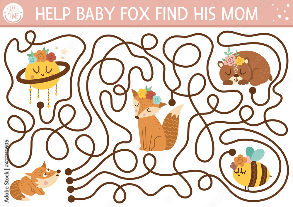 Mothers day maze for children. Holiday preschool printable educational  activity. Funny family love game or puzzle with cute animals. Mother and  baby labyrinth. Help little fox find his mom. . Stock Vector