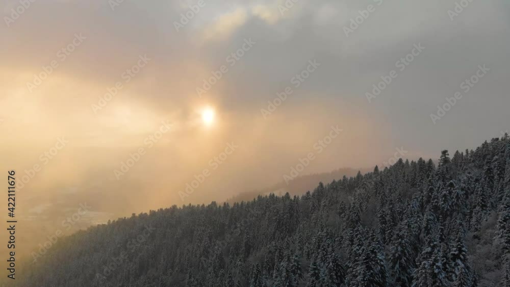 Aerial shot by drone over snowy forest in golden light at sunset with fog. Magical atmosphere in Auvergne, France. Aerial shot by drone over snowy forest in golden light at sunset with fog. Magical atmosphere in Auvergne, France.