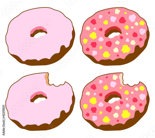 Donut bitten with topping pink color cartoon vector isolated set