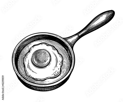 Ink sketch of fried egg in pan.