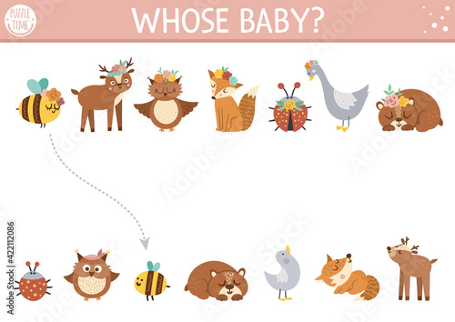 Mothers day matching activity for children with moms and children. Fun puzzle with cute mother animals and their babies. Holiday educational game. Printable worksheet for kids..