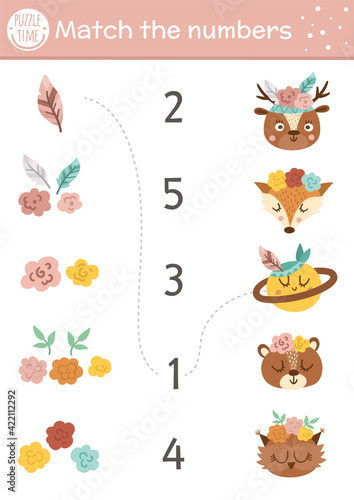 Mothers day matching game with cute boho animals and head decoration. Holiday math activity for preschool children with flowers. Printable counting worksheet with funny elements for kids.