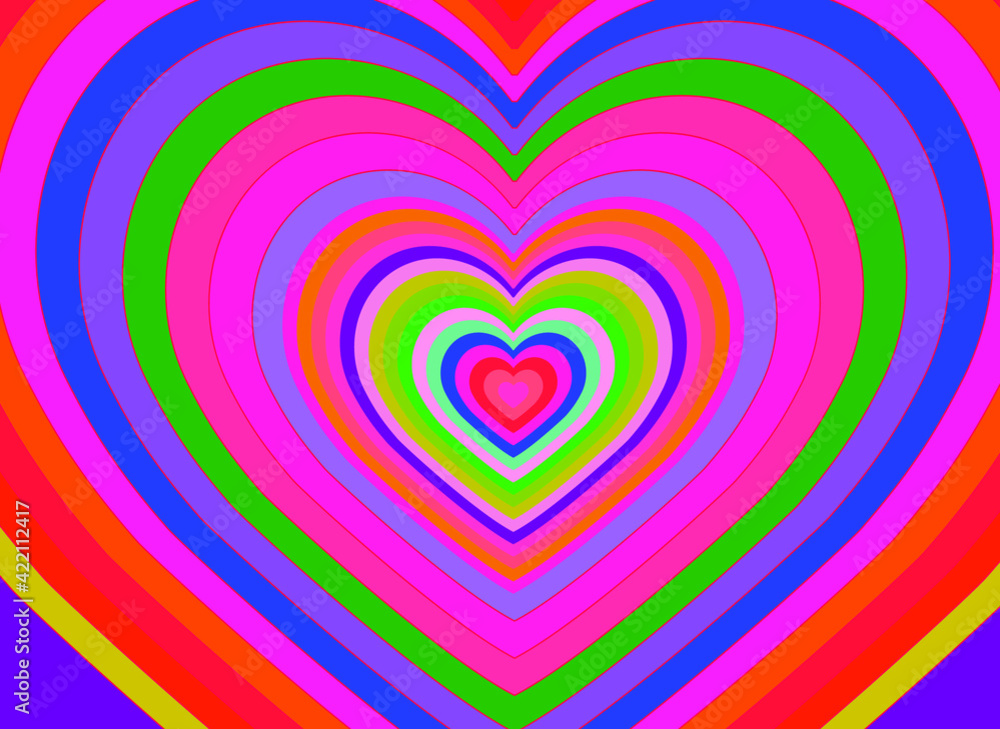 Hypnotic heart shaped tunnel. Rainbow retro wallpapper in the mood of the psychedelic 70's. Hypnotic heart shaped tunnel. Rainbow retro wallpapper in the mood of the psychedelic 70's.