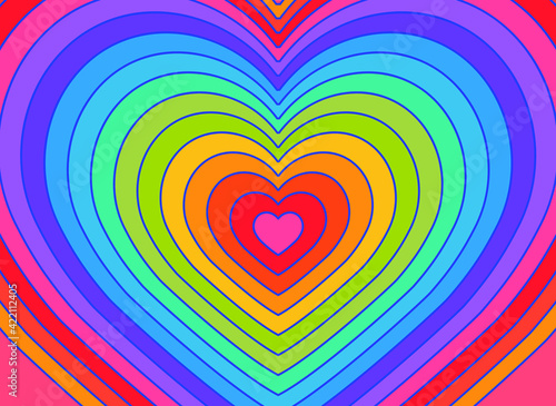 Hypnotic heart shaped tunnel. Rainbow retro wallpapper in the mood of the psychedelic 70's.