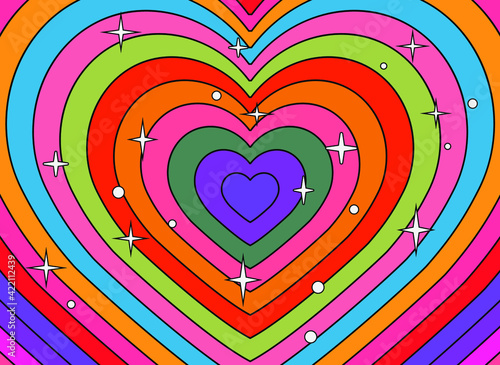 Hypnotic heart shaped tunnel. Rainbow retro wallpapper in the mood of the psychedelic 70's.