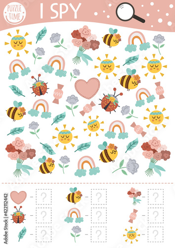 Mothers day I spy game for kids. Searching and counting activity for preschool children with traditional holiday objects. Funny spring printable worksheet for kids. Simple festive spotting puzzle..