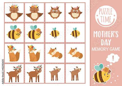 Vector Mothers day memory game cards with baby animals and their mothers. Matching activity with cute characters. Remember and find correct card. Simple spring printable worksheet for kids. .