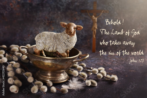 Easter card with a lamb and the cross on grunge background and the text of the prayer