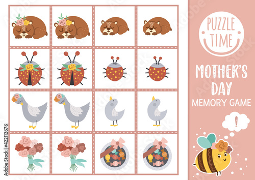 Vector Mothers day memory game cards with baby animals and their mothers. Matching activity with cute characters. Remember and find correct card. Simple spring printable worksheet for kids. .