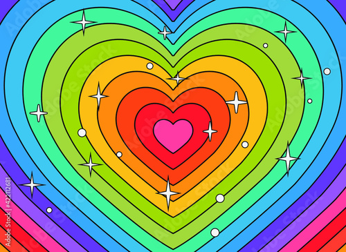 Hypnotic heart shaped tunnel. Rainbow retro wallpapper in the mood of the psychedelic 70's.