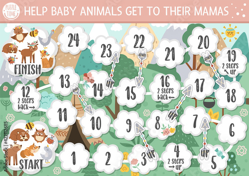 Mothers day dice board game for children with cute animals. Educational holiday boardgame with mother and baby owl, goose, deer, fox. Family love educational activity. Printable worksheet .