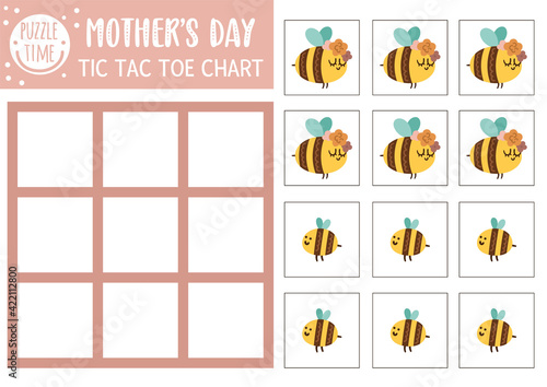 Vector Mothers day tic tac toe chart with cute baby bumblebee and his mother. Holiday board game playing field with forest insects. Funny printable worksheet for kids. Noughts and crosses grid .