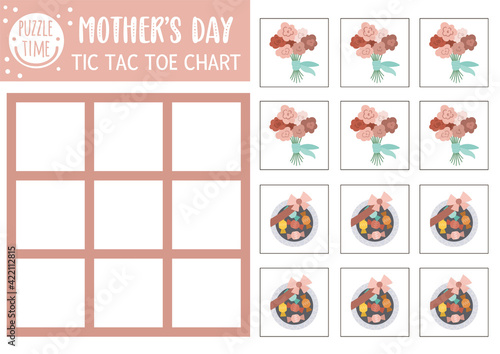 Vector Mothers day tic tac toe chart with traditional holiday presents. Holiday board game playing field with bouquet and sweet box. Funny printable worksheet for kids. Noughts and crosses grid .