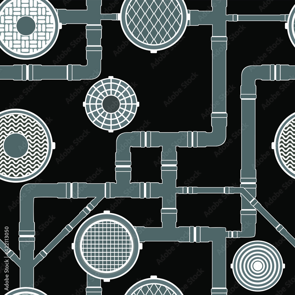Sewer seamless pattern, pipes and sewers black and white varian Stock ...