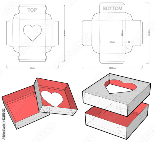 Heart Shaped Chocolate Box and Die-cut Pattern. (Internal measurement 20 x 20 + 6 cm). The .eps file is full scale and fully functional. Prepared for real cardboard production.