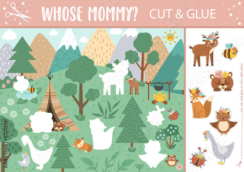 Vector Mothers day cut and glue activity. Holiday educational crafting game with wild baby animals and their mommies in the forest. Fun spring printable worksheet for kids. Whose mother page .