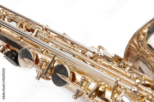 Brand new metal Saxophone isolated above white background