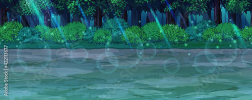 夜の幻想的な森の中にある土の道の風景イラスト_横スクロールゲームの背景_シームレス