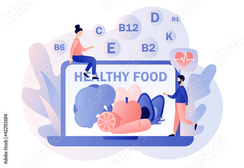 Healthy food - text on laptop screen. Tiny people consume healthy organic nutrition with vitamins. Nutritionist online. Modern flat cartoon style. Vector illustration on white background