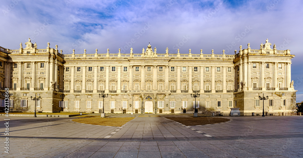 Facade of the Royal Palace of Madrid at dawn, spectacular building residence of kings.