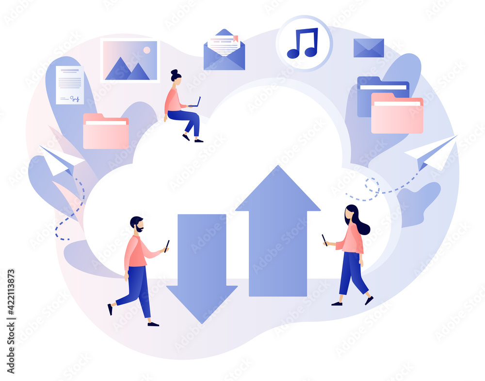 Cloud storage. Cloud computing services. Tiny people place data, music,  photo, video in big cloud server. Data processing. Modern flat cartoon  style. Vector illustration on white background Stock Vector | Adobe Stock