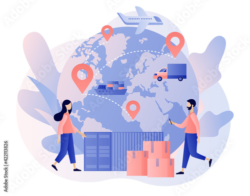 Global logistics network. Export, import, warehouse business, transportation. Business logistics. Air trucking, maritime shipping. On-time delivery. Modern flat cartoon style. Vector illustration 