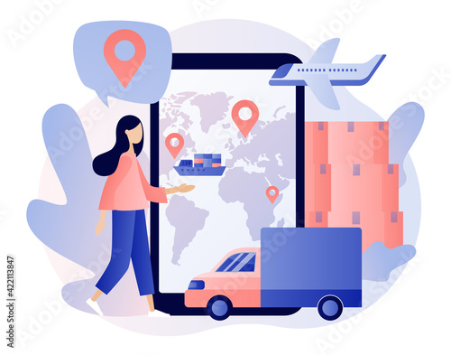 Global logistics network. Export, import, warehouse business, transportation. Business logistics. Tiny woman tracks orders in smartphone app. On-time delivery. Modern flat cartoon style. Vector 