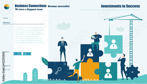 Flat design website or app page template. Financial services, banking, strategic planning, development, business solutions, consulting, market research, teamwork, data analyse, support, security 