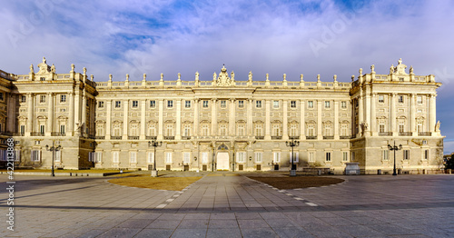 Facade of the Royal Palace of Madrid at dawn, spectacular building residence of kings.