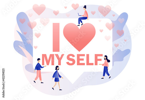 I love myself - big text. Love yourself. Love your body. Bodypositive concept. Tiny people expressing self love and care. Modern flat cartoon style. Vector illustration on white background