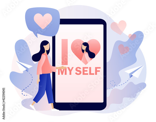 I love myself - text on smartphone screen. Love yourself. Love your body. Bodypositive concept. Tiny lady expressing self love and care. Modern flat cartoon style. Vector illustration 