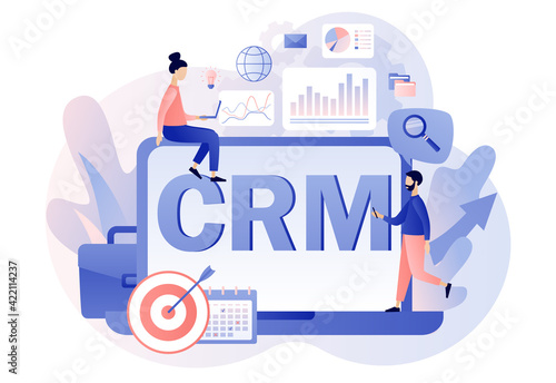 CRM - text on laptop screen. Customer relationship management concept. Business strategy. Tiny businessman perform data analysis. Modern flat cartoon style. Vector illustration on white background