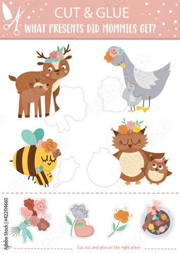 Vector Mothers day cut and glue activity. Holiday educational crafting game with wild baby animals and their moms. Fun spring printable worksheet for kids. What presents did mommies get?