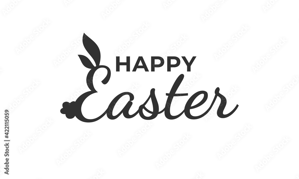 Happy Easter text lettering with bunny illustration isolated on white background. Usable for greeting card, banner, and background.