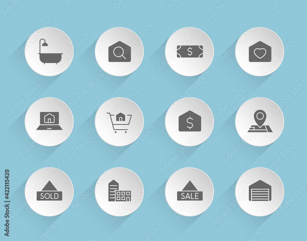 real estate vector icons on round puffy paper circles with transparent shadows on blue background. real estate stock vector icons for web, mobile and user interface design real estate vector icons on round puffy paper circles with transparent shadows on blue background. real estate stock vector icons for web, mobile and user interface design