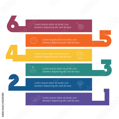 Horizontal colorful stripes infographic template 6 positions for informations. Concept Business Strategy. Universal template for projects on white background.