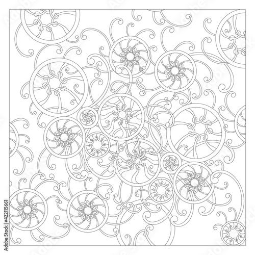 Coloring book for adults. Round abstract doodle elements on a white background. Square pattern.